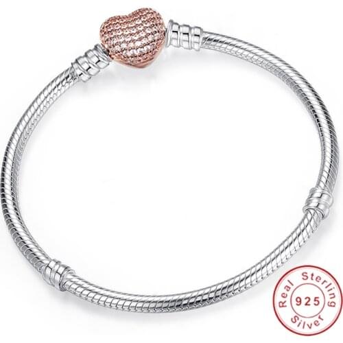 Real 925 sterling Silver Beads Moments Rose gold Heart Clasp Snake Chain Bracelet bead charm Women Bracelet Jewelry 2021