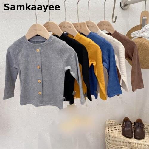 2-7y Kids T-Shirt Spring Autumn Baby Girls Boys Tees Long Sleeve Tops Children Solid Color Clothing Button O-Neck Clothes Y33