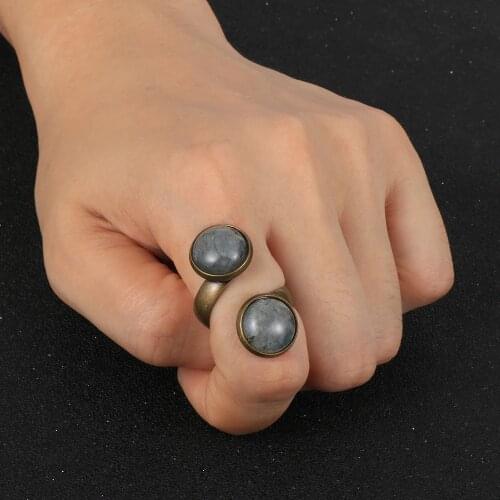 Men Women Natural Stone Labradorite Finger Rings Double Circle Turquoises Spiral Copper Antique Bronze Adjustable Ring Jewelry