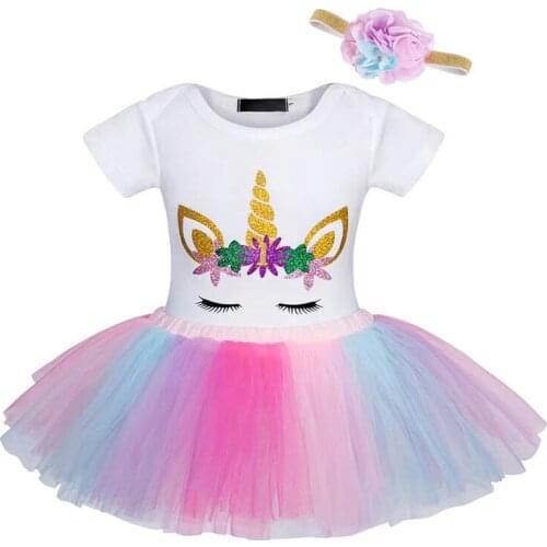 2021 Summer Baby Girls Jumpsuit Cute Net Yarn Tutu Skirt Romper Headband Three - Piece Set Unicorn