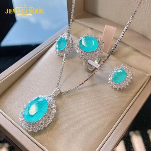 Jewepisode 100% Solid 925 Sterling Silver Paraiba Tourmaline Gemstone Necklace Stud Earrings Ring Fine Jewelry Set Drop Shipping