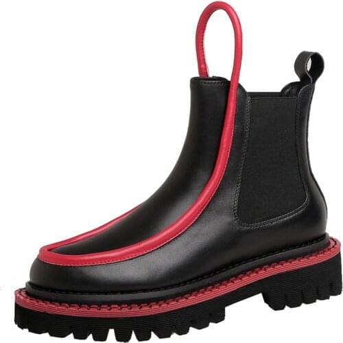 Round Toe Women Leather Boots Thick-soled Thinner Chelsea Female Student Black Red Ankle Boots Shoes Fashior Size 33-40