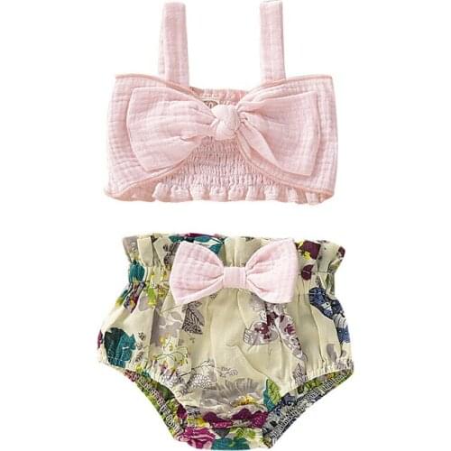 Summer Toddler Baby Girl Floral Cotton Outfit Clothes Kids Girls Off Shoulder Vest Bownot Tops+Romper Shorts Pants Sunsuit Set