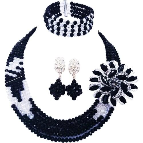 Fashion Black Clear AB Multi Strands Nigerian Wedding Necklace Costume African Beads Jewelry Set for Women 5L-YH04