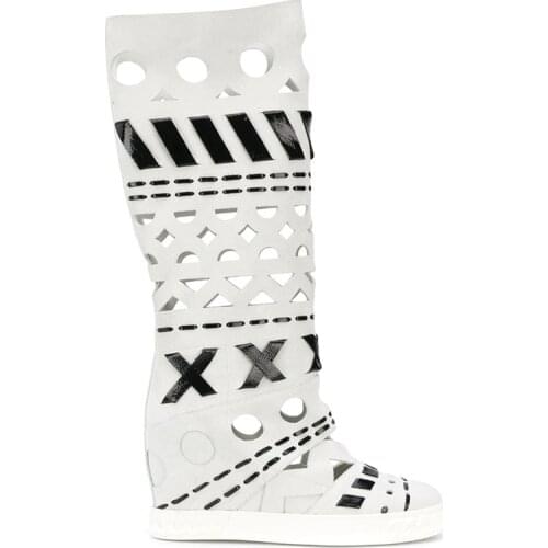 Fashion Perforation Knee High Boots Cross Patchwork Height Increasing Women Black White Suede Leather Wedge Heel Long Botas