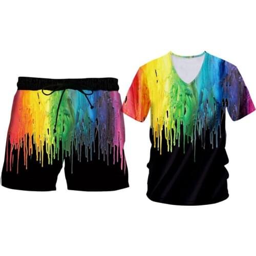 Mens Summer T-shirt Shorts Set Black Rainbow Paint Short Sleeve Hoodie Gym Sleeveless Tank Tops Vest Button Shirt Custom S-6XL