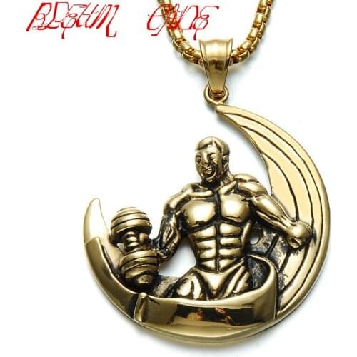 BLEUM CADE Stainless Steel Moon Muscle Male Necklace Titanium Steel Fitness Dumbbell Jewelry