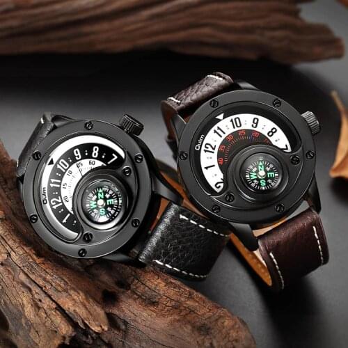 Oulm New Sport Watches Men Decorative Compass Unique Design Male Quartz Clock Mens Leather Strap Casual Wrist Watch Man