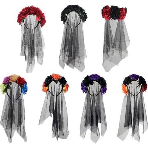 Halloween Party Cosplay Retro Hair Accessories Hair Hoop Bride Veil Fancy Dress Costume Crown Skull With Flowers Party Headband