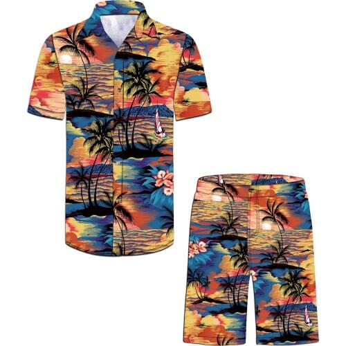 Wholesale price new design romantic sunset eco-friendly custom green coconut beach printed hawaiian shirt +shorts man