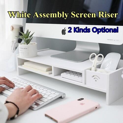 Assembly Wood Riser for Computer Monitor Storage Rack Screen Holder Laptop Shelf with Drawers for Office Supplies Accessories