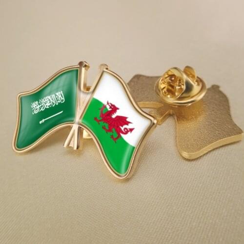 Saudi Arabia and Welsh Crossed Double Friendship Flags Lapel Pins Brooch Badges