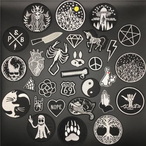 Fashion Black Punk Skull Patches Iron On for Clothing Stranger Things Applique for Clothes Jacket Jeans Embroidery Patch Stripes