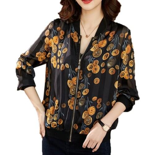 Women Summer Coat Long-Sleeved Jackets 2021 New Large Size 4XL Chiffon Yarn Thin Lace Spring Printing Short Jacket Tops Female