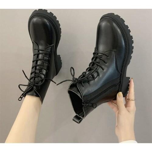 2021 Combat Boots Women Leather Motorcycle Boots Mid Heeled Gothic Shoes Fashion Black Ankle Boots women