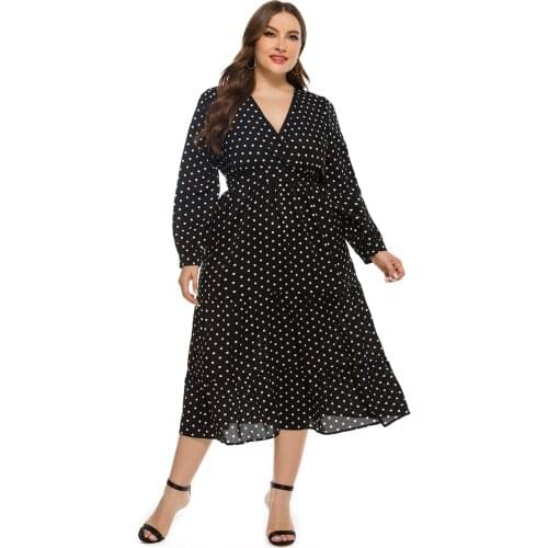 Plus Size Summer Dress Women V-neck Long Sleeve Black Dot Printing Fashion Party dresses Arab Muslim Robe