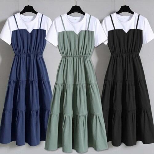 Plus size womens fashion suspender long skirt 2021 summer waist slimming short-sleeved dress women