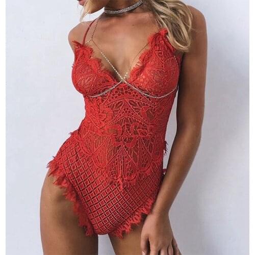 Women Sexy Fashion Bodysuit Deep V-Neck Eyelash Lace Lingerie Sleepwear Soft Comfortable Hot