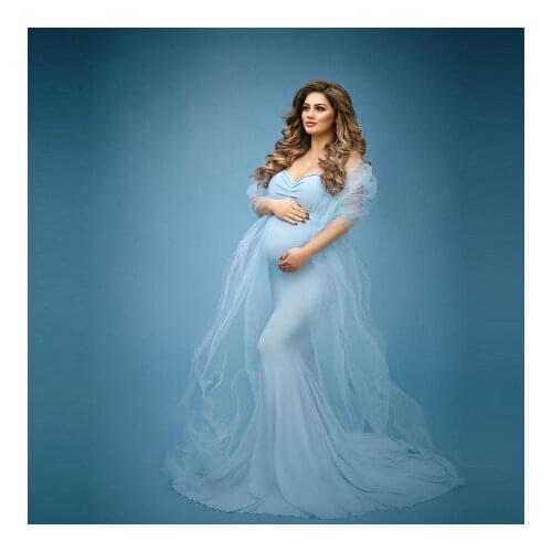 Charming Two Pieces Light Sky Blue Pregnancy Gowns Mermaid Stretchy With Train Sheer Tulle Cloak Long Plus Size Maternity Dr
