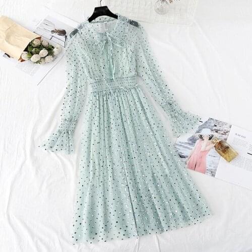 Polka Dot Print Women Dress 2-piece set 2020 Spring Summer Vintage Sweet Mesh Dresses Long sleeve Party Dress Robe Femme Vestido