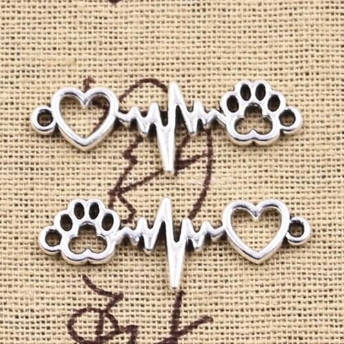 20pcs Charms ECG Heartbeat Connector Heart Dog Claw 12x34mm Antique Bronze Silver Color Pendants DIY Findings Tibetan Jewelry