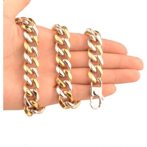 Tiasri 12mm Stainless Steel Necklace Bracelet for Men Punk Cuba Curb Chain Adjustable Length Tail Chain Gold Silver Color Choker