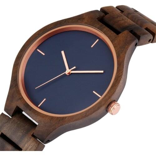 Rose Gold Pointers Ebony Wooden Mens Watches Quartz Movement Minimalist Blue Round Dial Men Wood Watch Folding Clasp Wristwatch