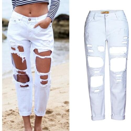 Women Summer High Waist Ripped Boyfriend White Jeans Female BF Cowboy Black Denim Pants Ladies Fashion Blue Loose Jean Trousers