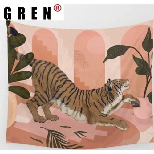 GREN Tiger Ainmal Cartoon Dorm Tapestry Wall Hanging Covering Rugs Background Cloth Beach Mat Blanket Art Bedroom Home Decor