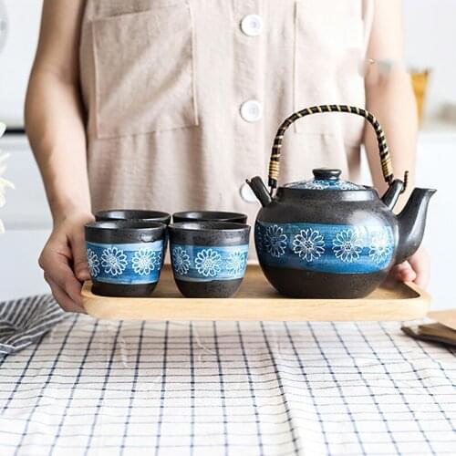 Ceramic Coffee Tea Set 1Kettle 4Cups Retro Blue Mug Flower Teapot Handle Cover Decoration Home Kitchen Teaware Drinkware Gifts