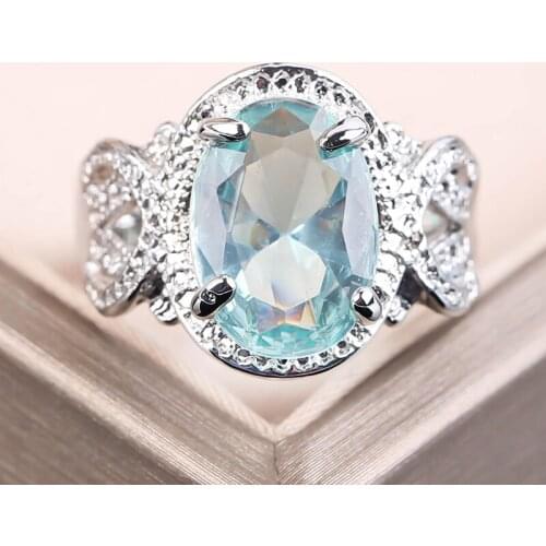 Classic Big Oval Sky Blue Zircon Rings For Women Jewelry Wedding Engagement Gift Luxury Crystal Stone Silver Color Rings 30K012