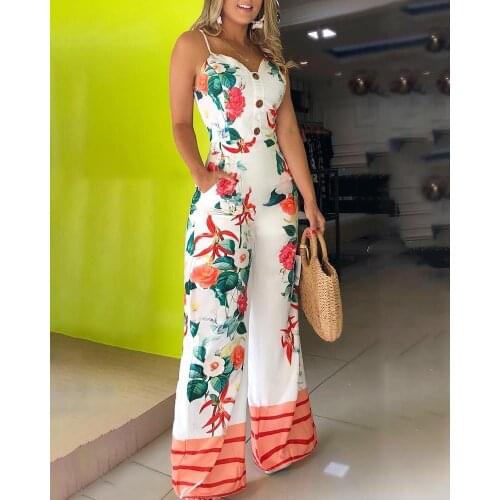 Spaghetti Strap Floral Print Jumpsuit Wide Leg Pockets Romper Sexy V-neck Buttons Design Summer Beach Jumpsuits