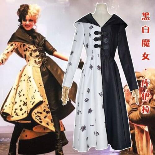 Movie Evil Madame Cruella De Vil Cosplay Costume Adult Women Gown Black White Maid Dress Gloves Hoodie Skirt Halloween Party