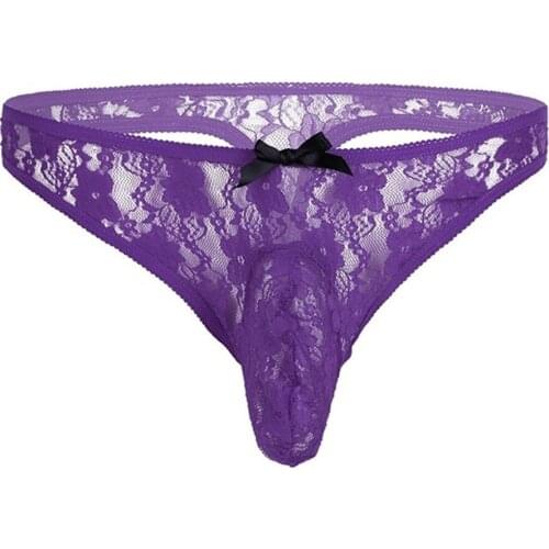 Floral Lace See-through T-back G-string Mens Sexy Breathable Mens Underwear Briefs See Transparent Lingerie Bowknot Hollow Out