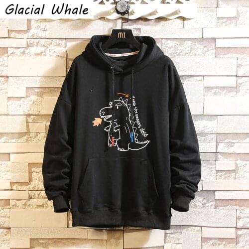 GlacialWhale Mens Hoodies Men 2021 Casual Anime Dinosaur Print Sweatshirt Hip Hop Streetwear Harajuku Oversized Black Hoodie Men