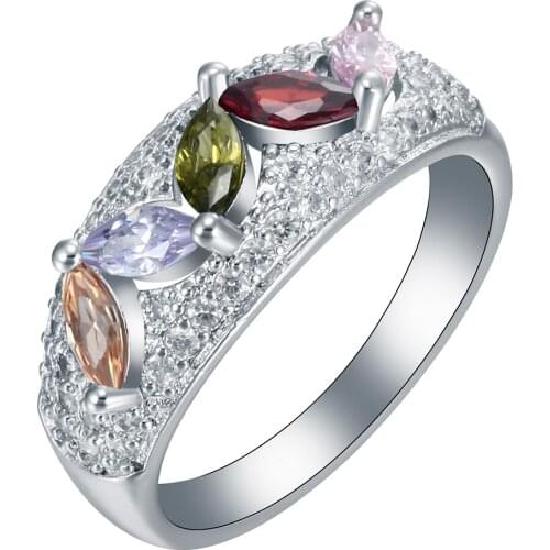 Silver plated ring leaf design purple pink yellow cz high quality factory sale classical party wedding engagement rings jewelry