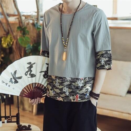 Summer 2020 Vintage Shirts Embroidery Chinese Top Cotton Linen Carp Kung Fu Hanfu Traditional Chinese Clothing for Men Blouse