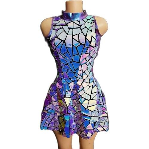 Silver Mirror Nightclub Dress Women Evening Birthday Outfit Sleeveless Shiny Laser PU Bar Dj Gogo Dancer Singer Stage Costumes