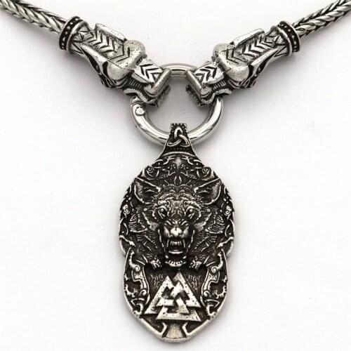 Nordic Viking Valknut Wolf Head Pendant Necklace For Men Talisman Gothic Ethnic Jewelry With Dragon Head Chain