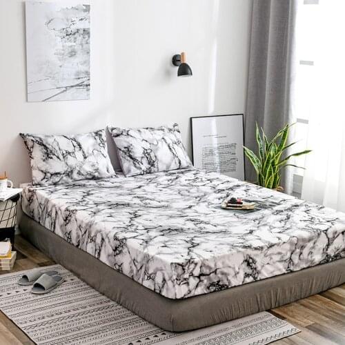 Comfortable Bedroom Fitted Bedsheet White Marble Pattern Printed Bed Sheet Mattress Cover With Elastic Band Queen King 180x200cm