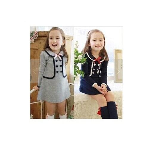 Spring and autumn wind off two girls long-sleeved dress/college dress gray blue color 2-8 ages