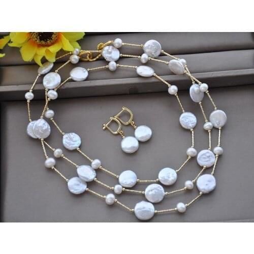 Z10519 52" 15mm White Coin Round Freshwater Pearl Necklace Earring