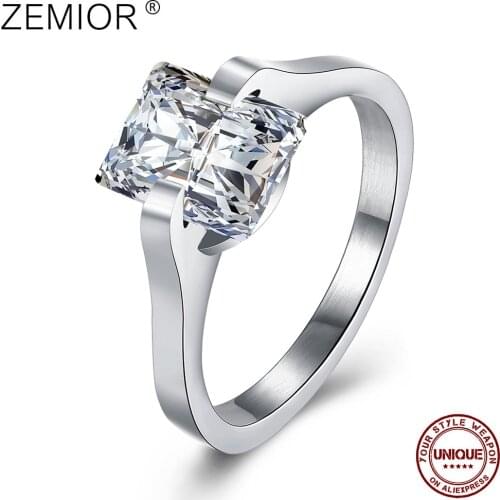 ZEMIOR 316L Stainless Steel Rings For Women Shining Square Cubic Zircon CZ Finger Ring Hot Sale Fashion Engagement Jewelry Gift