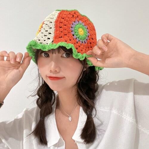 Womens Hat Retro Rainbow Baotou Hat Hollow Knitted Fisherman Hat Womens Summer Breathable Flowerpot Hat Beanie Hat