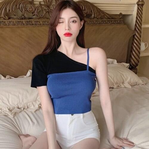 Womens Skew Collar Color Contrast Slim Sexy Versatile Knitted Short Sleeves T-shirt Tops