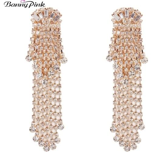 Banny Pink Sexy Layer Rhinestone Chain Tassel Earrings For Women Wedding Crystal Dress Stud Earring Luxury Party Pendant Earring