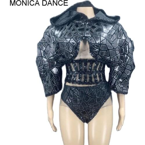 Women Sexy Silver Sequins Dancer Stage Show Outfit Rock Band Performance Wear Prom Party Reflective Sexy Hat Bodysuit Costume