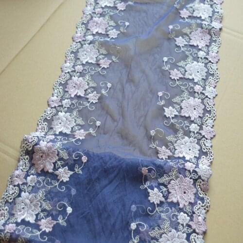 1Yard Trim Blue Mesh Purple Fluorescent Thread Mirror Flower Embroidered Scalloped Tulle Lace 30cm Wide High Quality Wedding