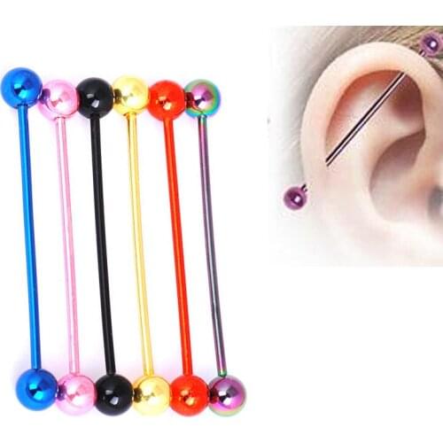 2 Pcs New Year Surgical Stainless Steel 1.6*38*5mm Ball 14G Long Industrial Barbell Neon Candy Color Body Ear Piercing Jewelry