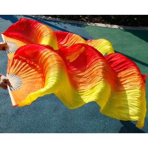 2017 female high quality Chinese silk veils dance fans Pair of belly dancing fans cheap hot sale Red + orange + yellow